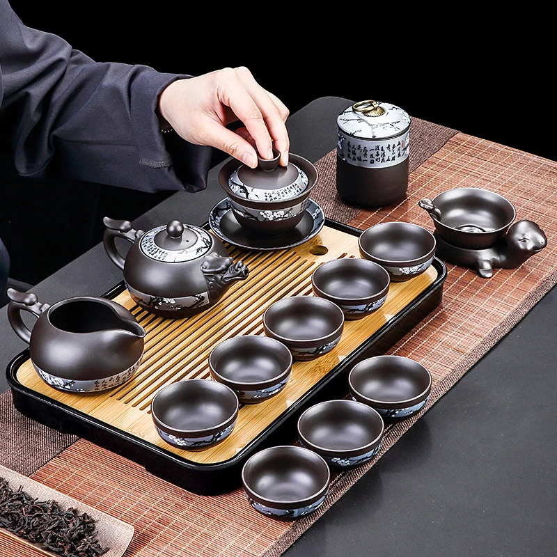煌山紫砂功夫茶具套装家用复古泡茶壶茶杯办公会客新中式轻奢茶器