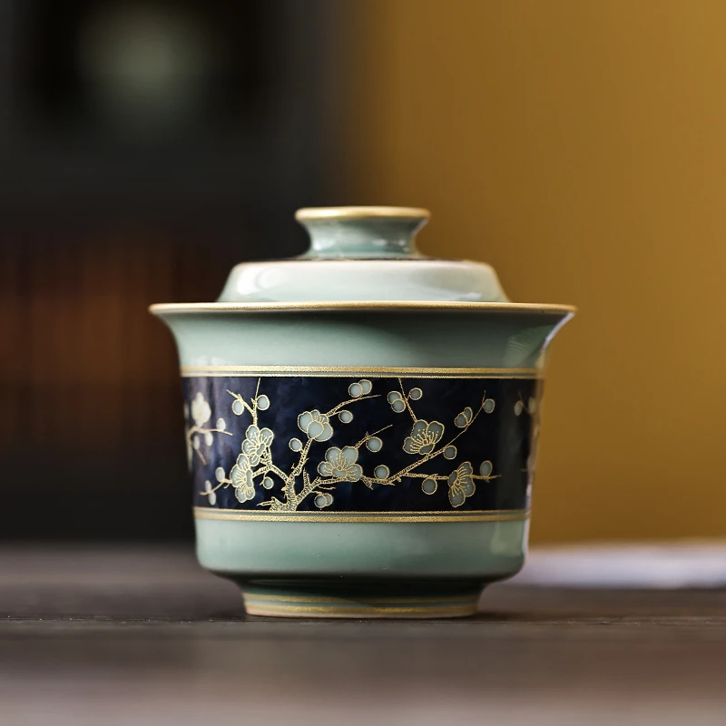 青瓷盖碗茶杯单个家用描金功夫泡茶器轻奢复古大号手工防烫手抓壶