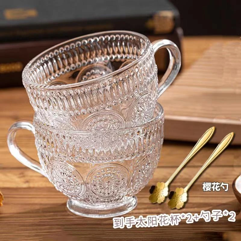 【小店推荐】ins风牛奶杯带把水杯家用复古浮雕高颜值透明玻璃杯