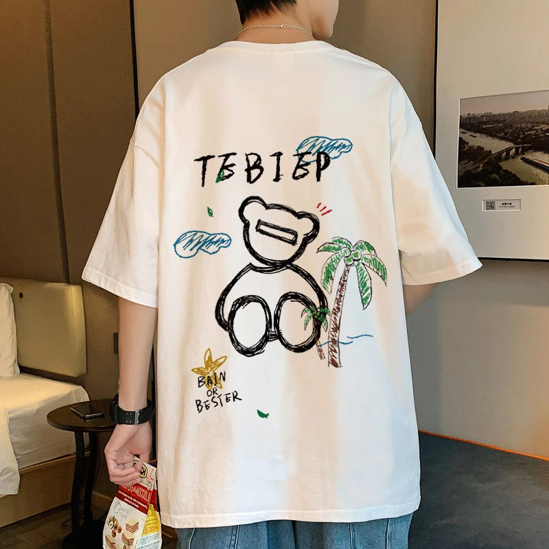 【椰树小熊】棉款体恤半袖宽松潮流港风ins圆领t恤韩版卡通印花打底