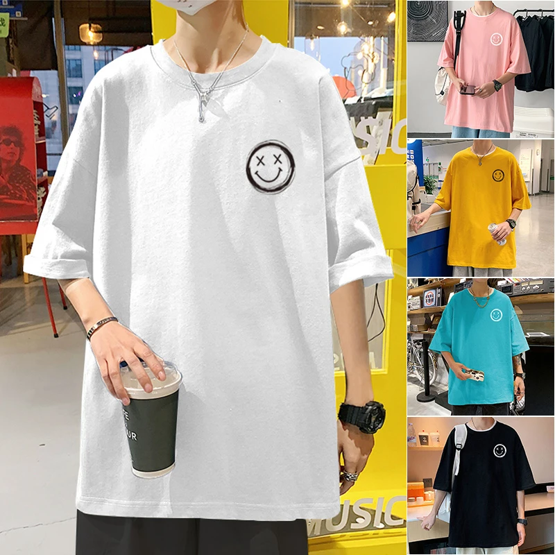 微笑表情印花~圆领宽松体恤半袖潮流ins休闲百搭t恤港风青春男士