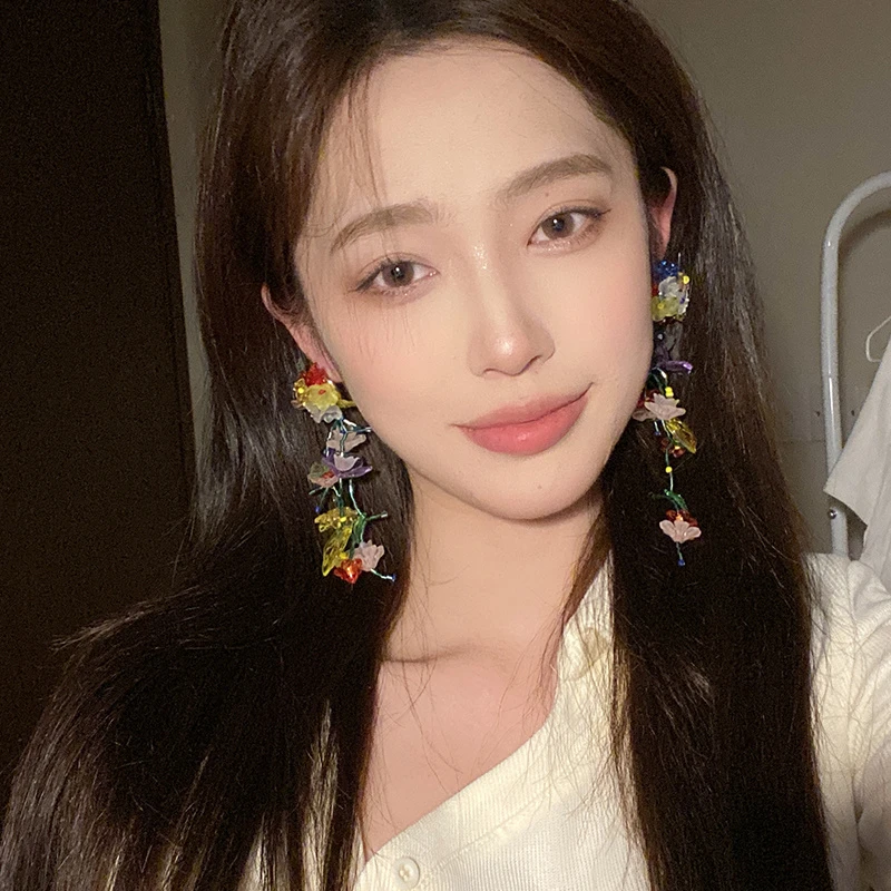oushipei/欧诗佩 铜合金亚克力耳饰 繁花手工编织花朵流苏耳环女