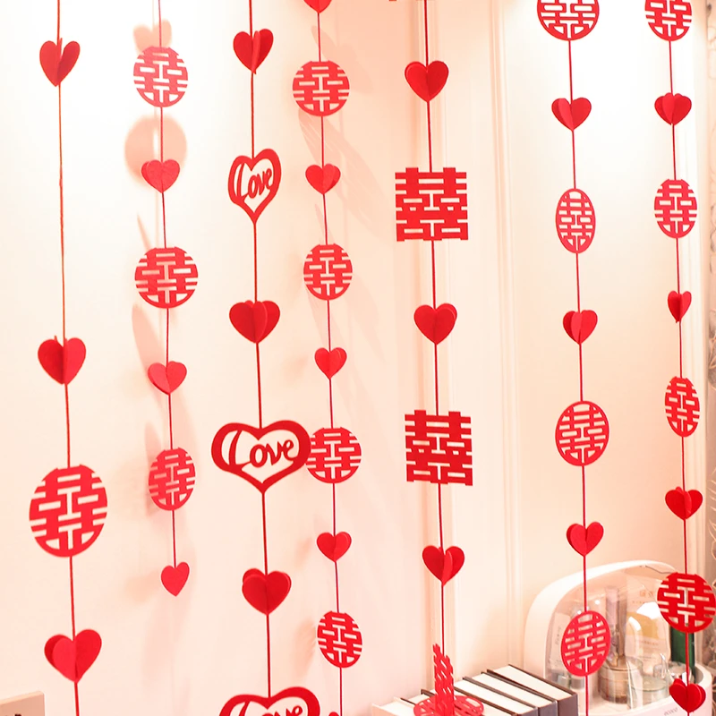 结婚用品拉花网红无纺布双喜装饰婚房布置窗帘爱心串吊饰卧室装扮