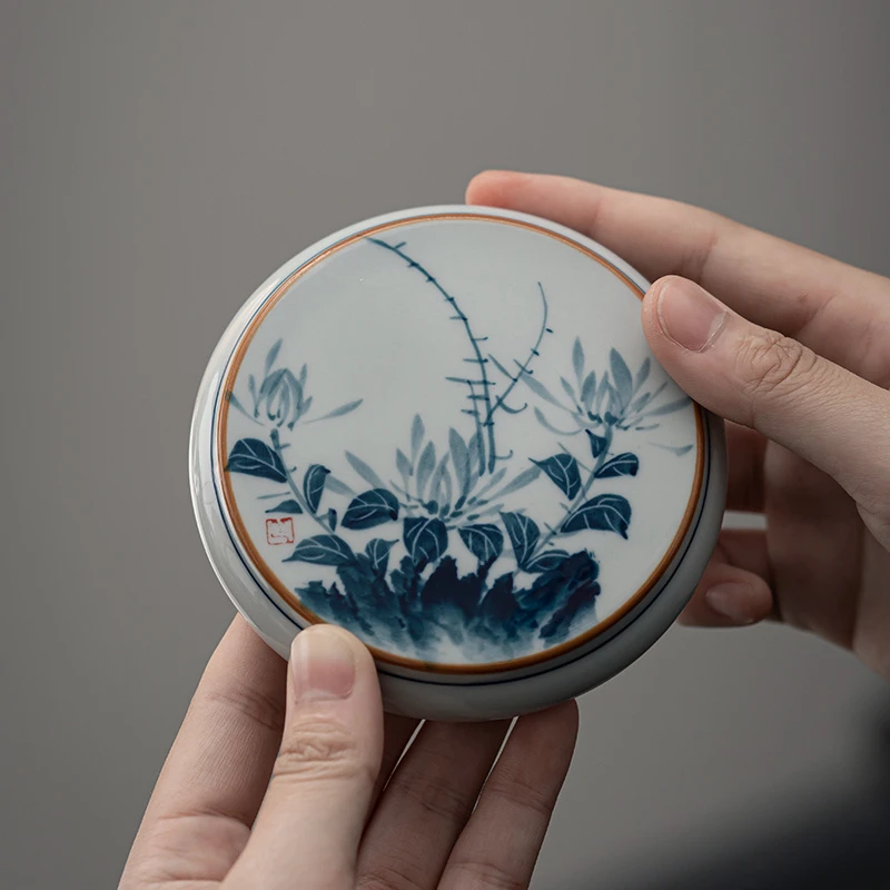 微瑕手绘青花菊花盖置老陶泥功夫茶道配件禅意梅兰竹菊茶托杯垫