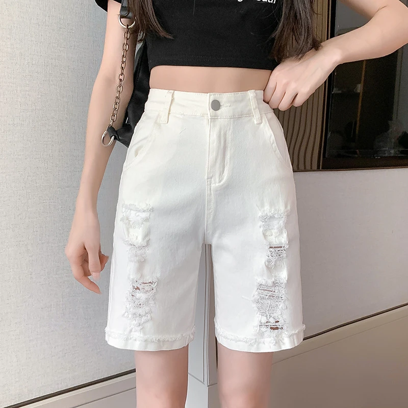 高腰破洞白色五分短裤女春夏薄款宽松直筒5分牛仔中裤显瘦磨毛