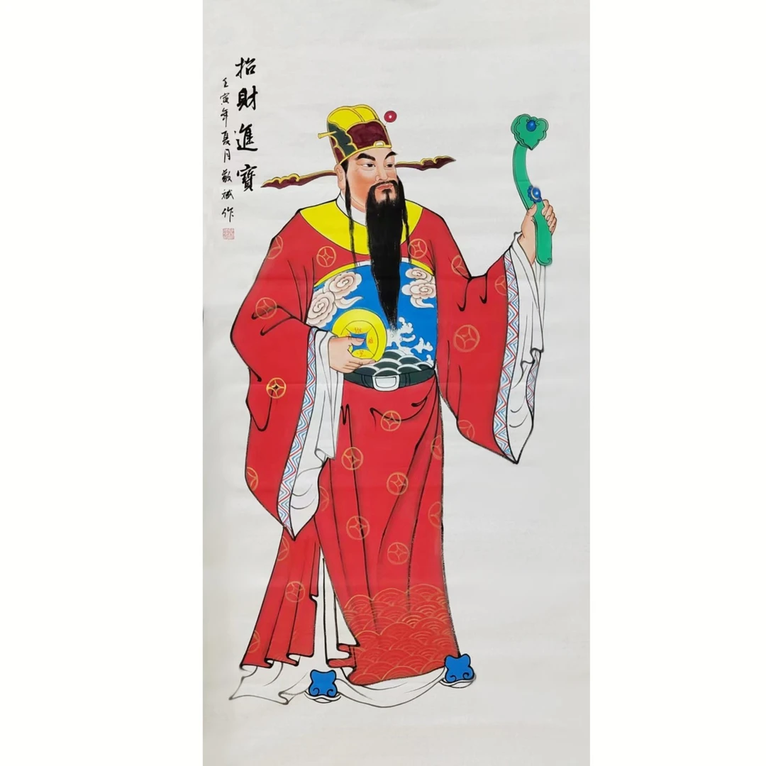 招财进宝   财神像  八平尺手绘国画  玄关画 68x138cm 竖屏
