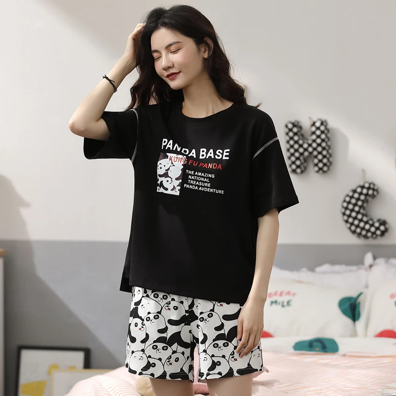 女士夏季纯棉睡衣套装可外出睡衣女套装家居服【黑衫M码XF003】