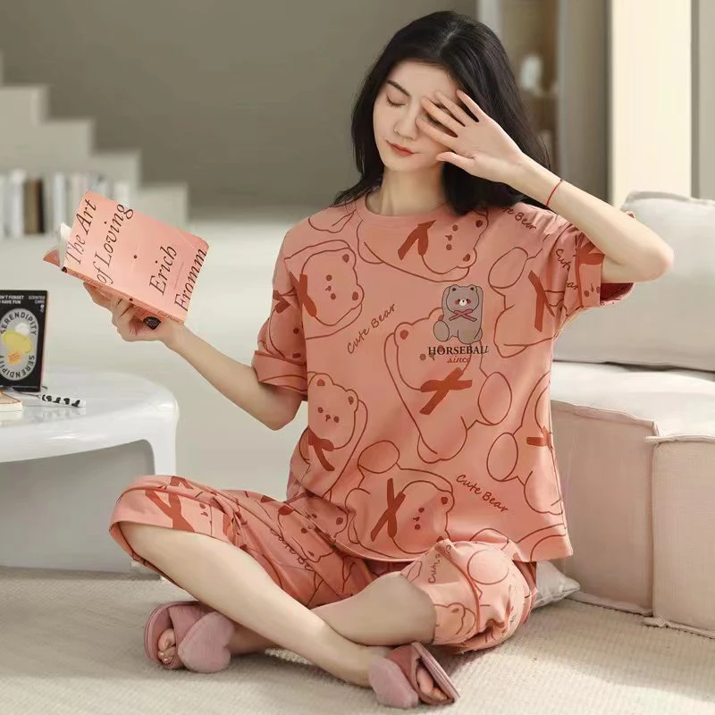 女士夏季睡衣女纯棉短袖七分裤可外穿家居服套装【20801】