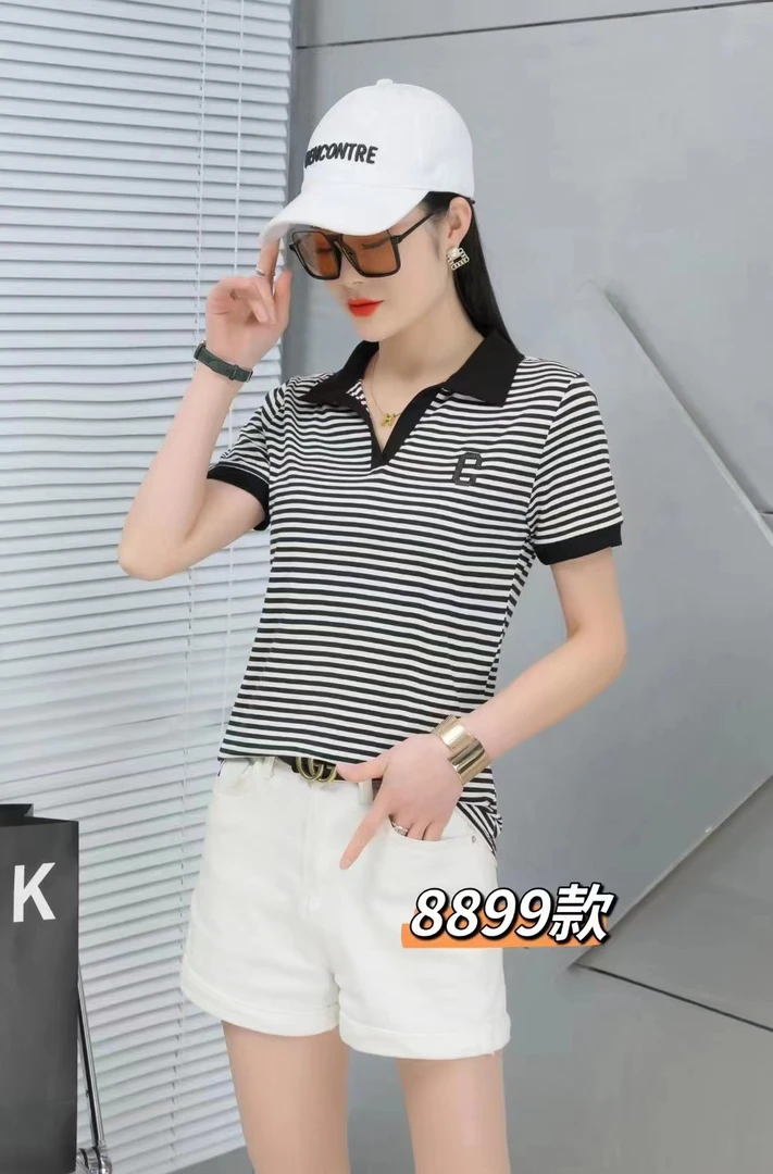 条纹时尚V领 C款正肩设计短袖