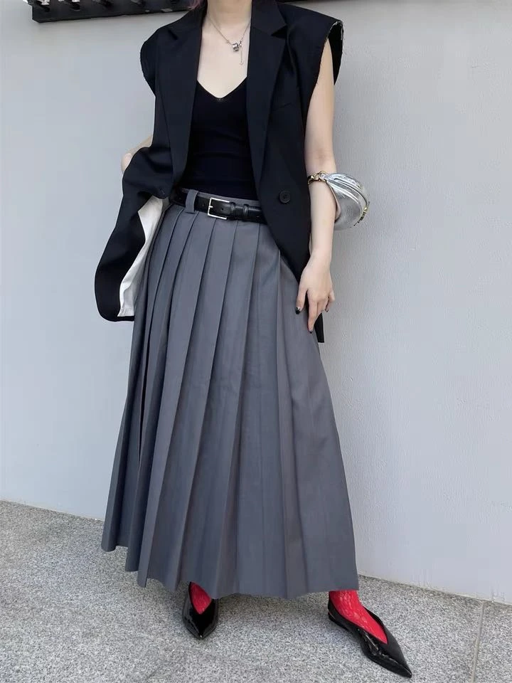 送皮带腰带美式复古辣妹高腰中长款A字大摆西装面料百褶半身裙长