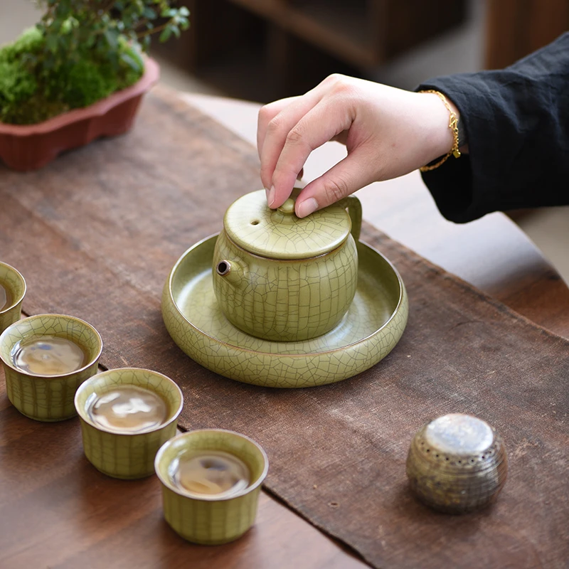 泉德堂传世哥窑茶壶壶承功夫茶具绿色茶壶泡茶壶一壶四杯礼盒装