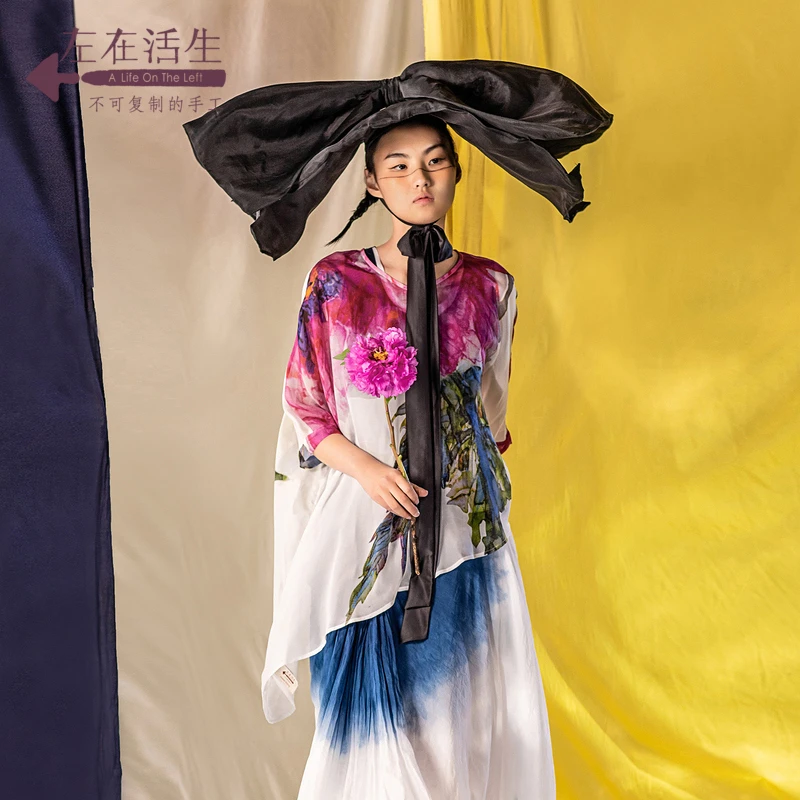 生活在左复古时尚印花五分袖V领宽松显瘦百搭真丝衬衫上衣1922293