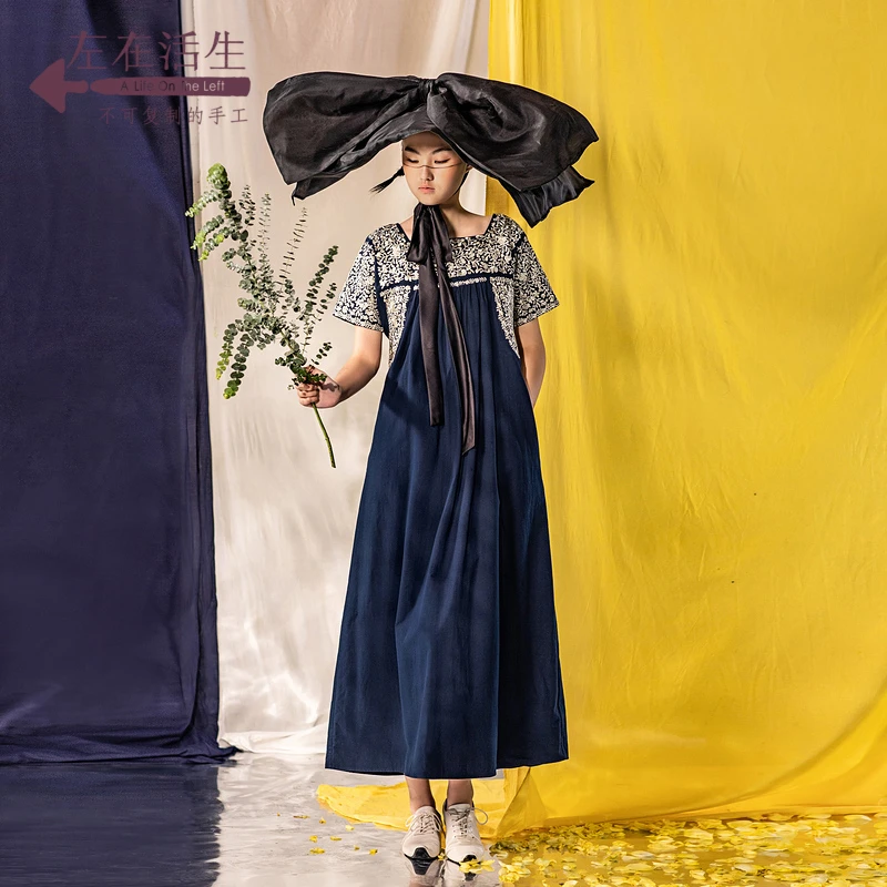 生活在左绣花复古短袖连衣裙中国风女中长款裙子民族风气质夏季