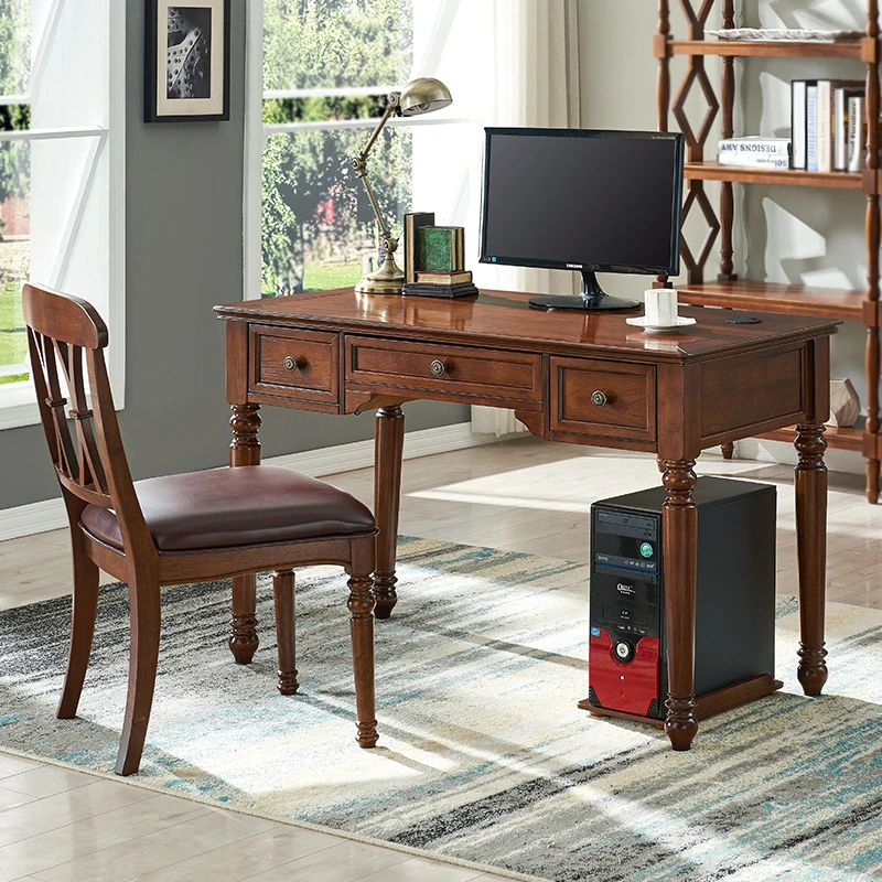 美式写字台家用电脑桌全实木书桌电脑台式桌桌子书房办公桌