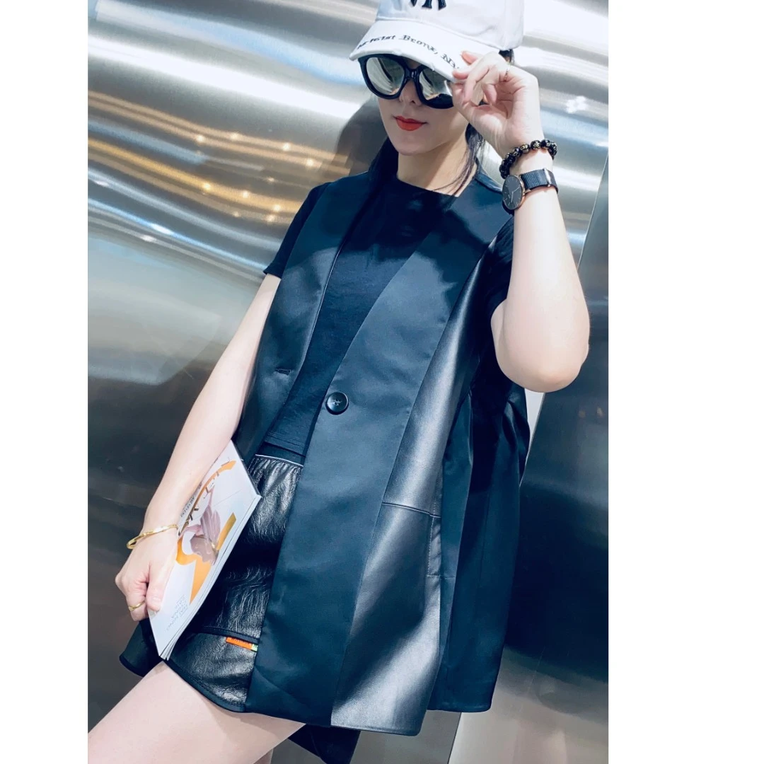 DKDNDIKEDINA气质显瘦时尚百搭宽松无袖拼接绵羊皮女装马甲 21123