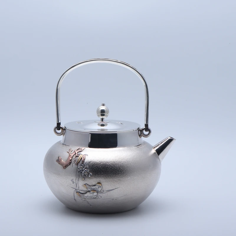 手工系列林陵祥王师精品 甑口型金银镶嵌银壶 容量1000毫升纯手工