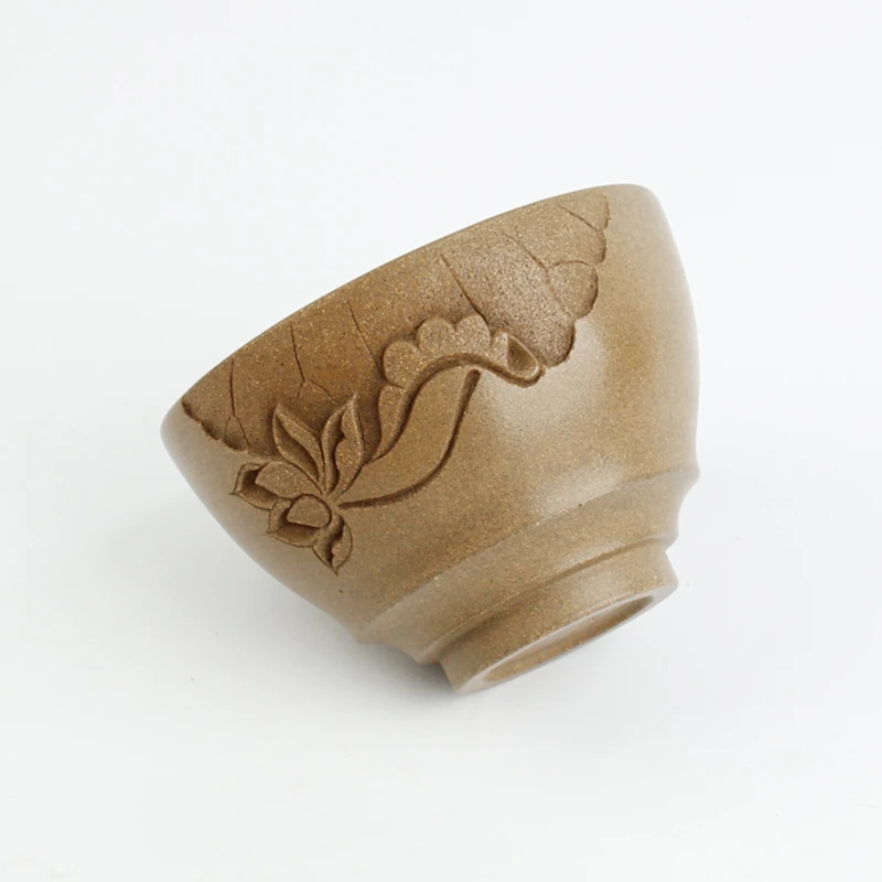 【佳慧紫砂】宜兴原矿蟹壳青泥料主人杯150cc 荷花刻绘荷趣紫砂杯