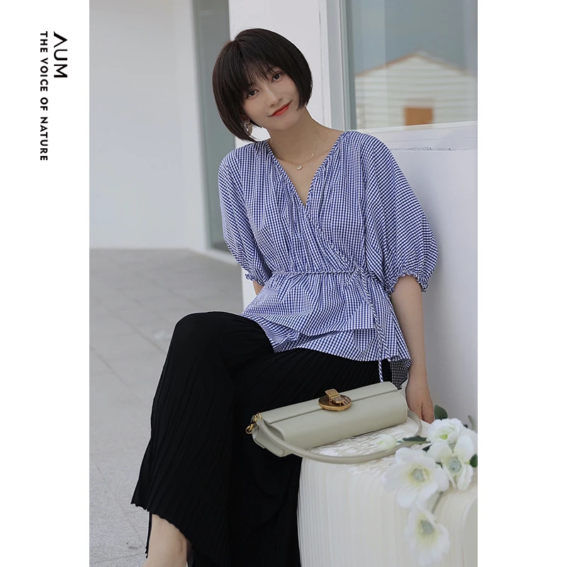 【平子精选】AUM休闲时尚气质设计感系绳格子衬衫MAEG20141