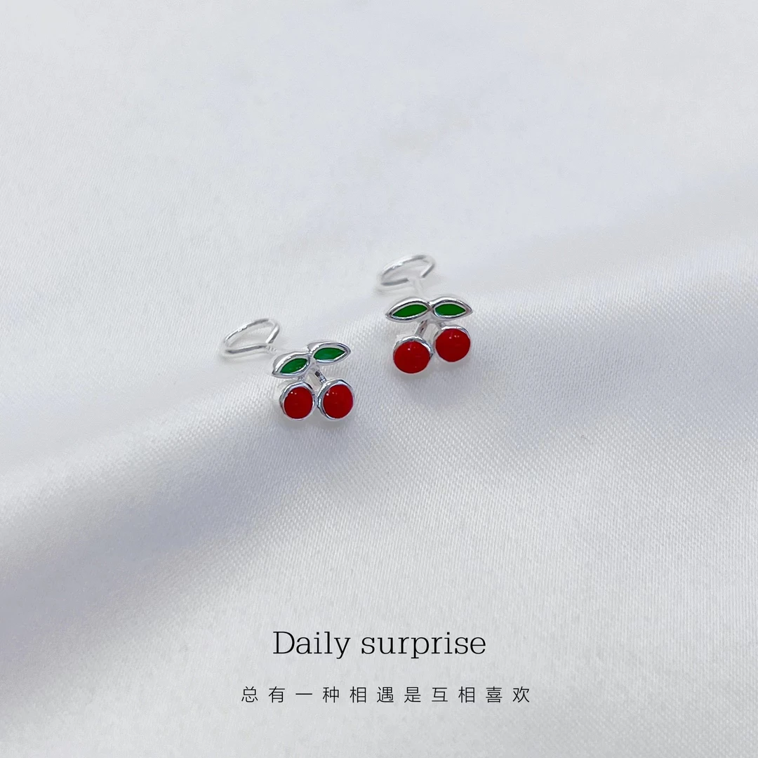 Dailysurprise 足银耳饰 足银990【樱桃】弯钩耳钉可爱红色迷你