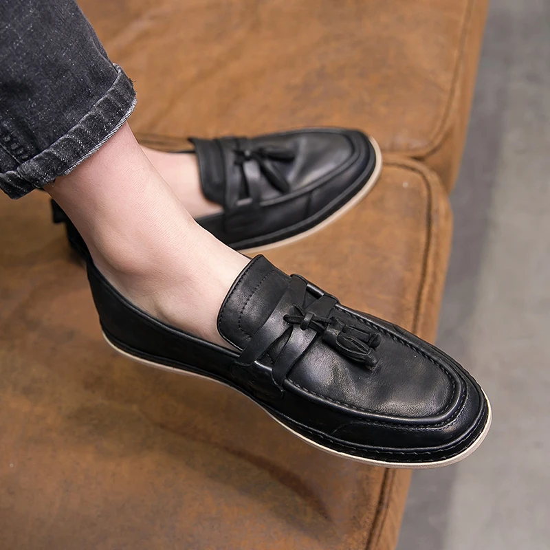 软皮流苏豆豆鞋男真皮透气休闲皮鞋套脚乐福鞋一脚蹬英伦懒人鞋男