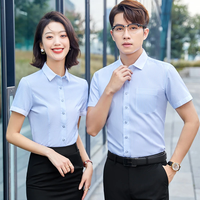 男女同款修身短袖条纹衬衫棉夏季白领金融保险商务正装工作服衬衣