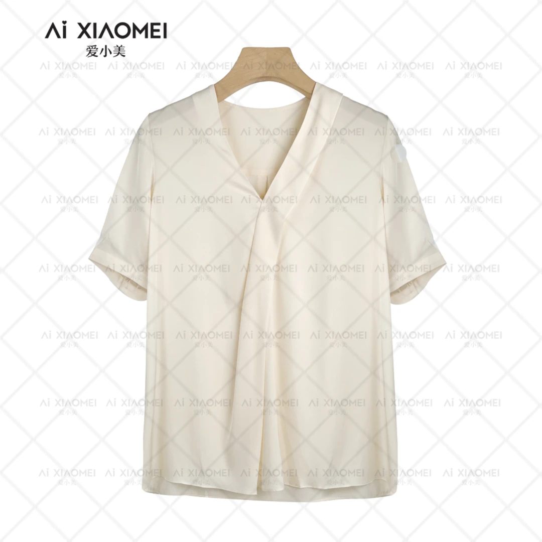 【爱小美】ZS02-0164短袖休闲慵懒V领桑蚕丝衬衣