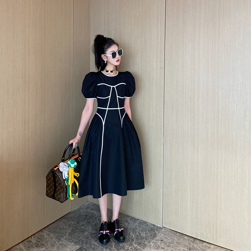 NancyCavally新疆高密长绒棉 高级感线条分割设计高腰显瘦连衣裙