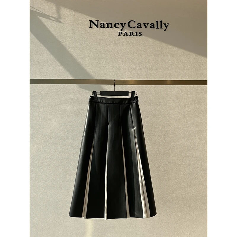 【TJ浮力】NancyCavally设计师款PU拼色高腰显瘦百搭百褶半身长裙女