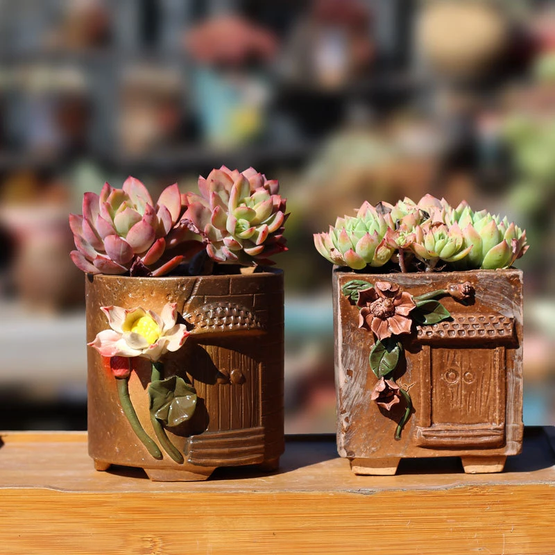 新款手捏花多肉花盆大号老桩盆方形粗陶盆大口径群生盆透气盆包邮