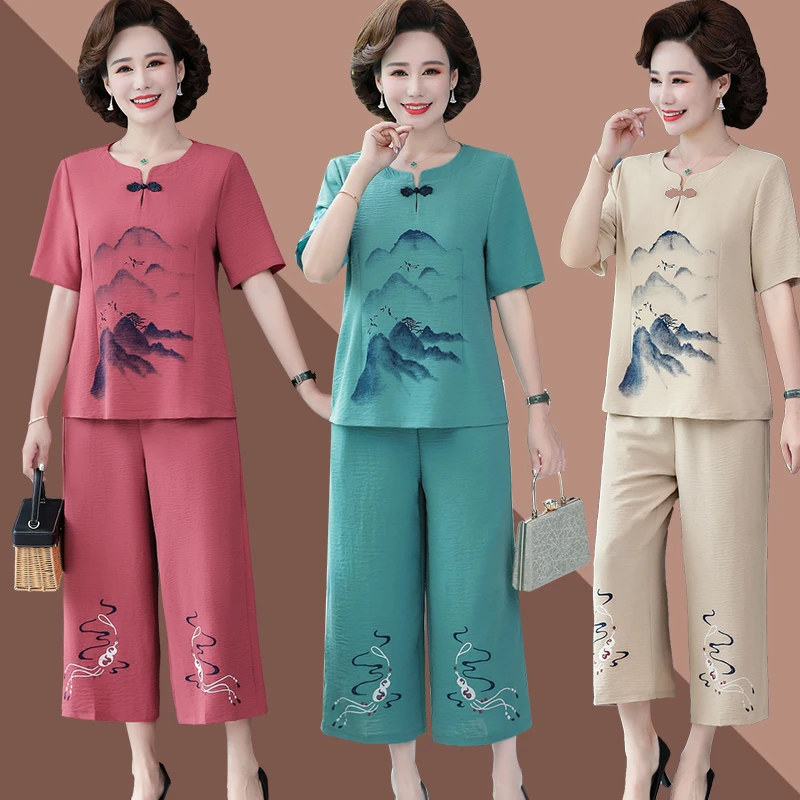 中年妈妈夏装短袖t恤2024新款中老年女洋气减龄唐装上衣两件套装