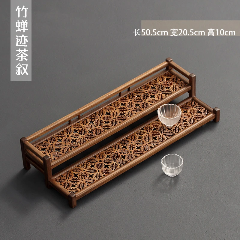 竹蝉迹胡桃木核桃杯架 双层茶杯架晾杯架品茗茶具收纳杯托展示架