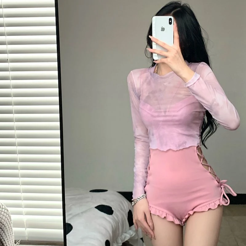 美亦舒韩范新款性感爆款连体二件套保守小胸聚拢遮肚显瘦连体泳衣