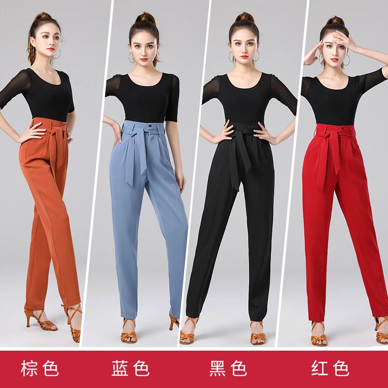 新朵拉丁舞裤子女士秋季新款高腰专业国标摩登舞交谊舞口袋舞蹈裤