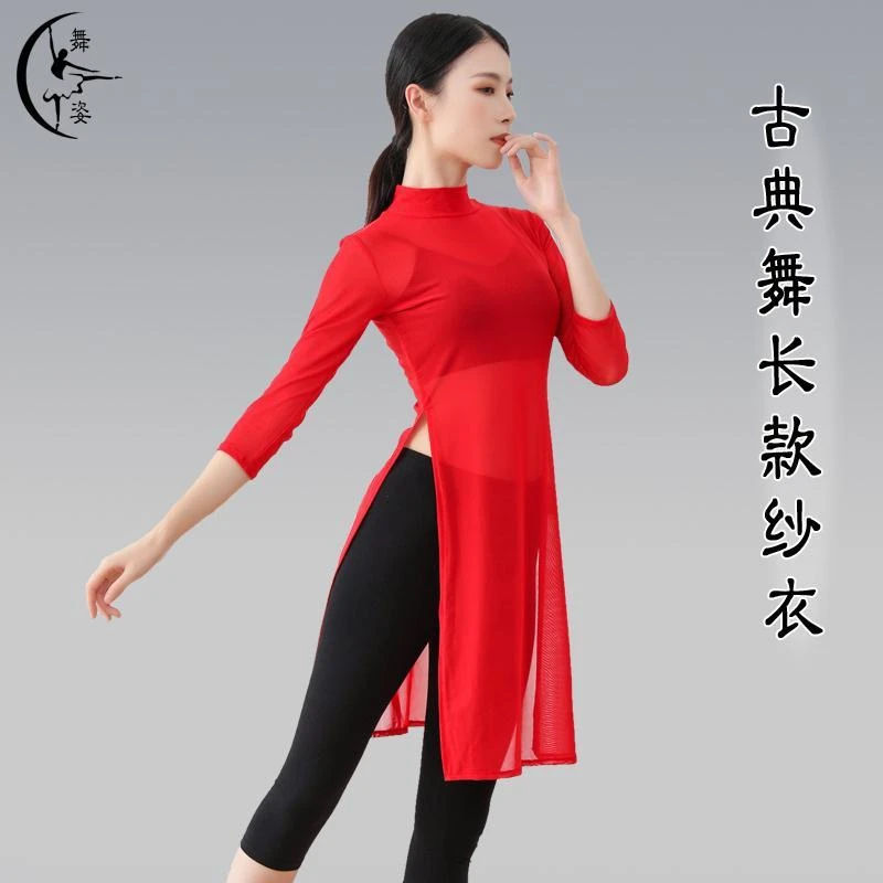 现代中国古典舞蹈服装练功服女成人长款弹力网纱衣飘逸形体身韵服