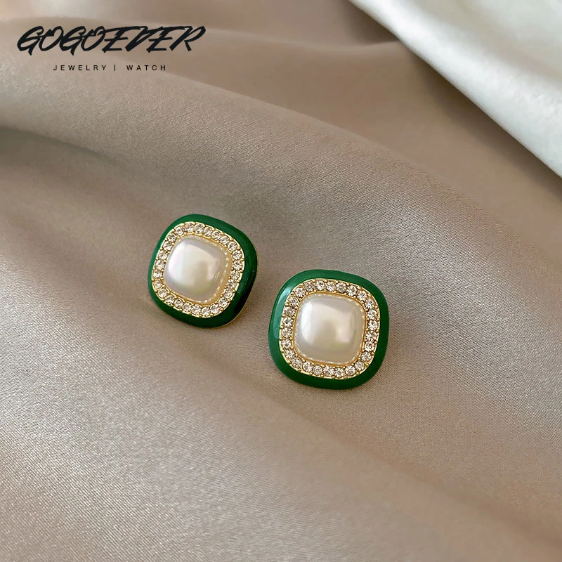 gogoever 铜合金合成锆石耳饰 正方形绿色炫彩时尚轻奢简约耳钉
