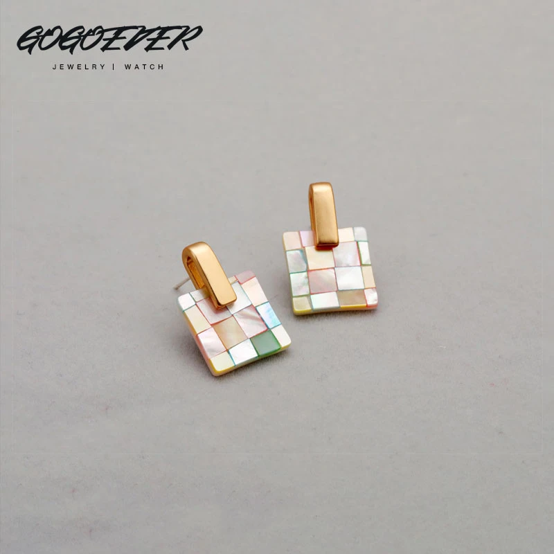 gogoever 铜合金仿珍珠耳饰 贝壳气质百搭耳环时尚方形简约耳钉
