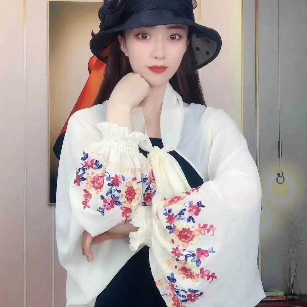 白色百搭长款防晒外搭披肩夏天【精品刺绣】新款冰丝凉感珍珠洋气衣