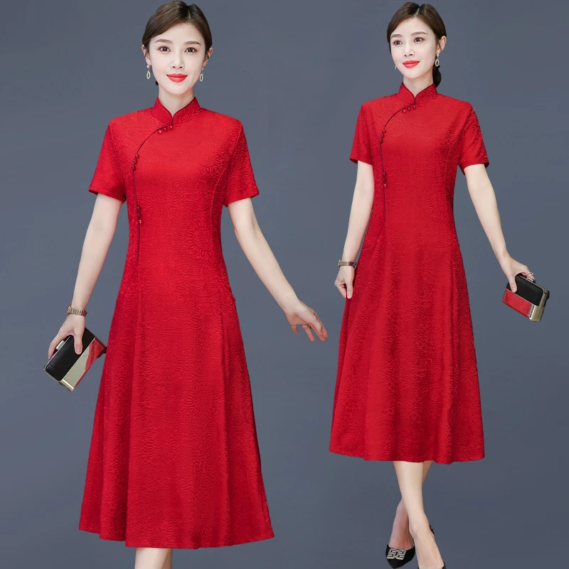 妈妈夏装改良旗袍裙2025新款红色送考穿气质修身显瘦连衣裙过膝