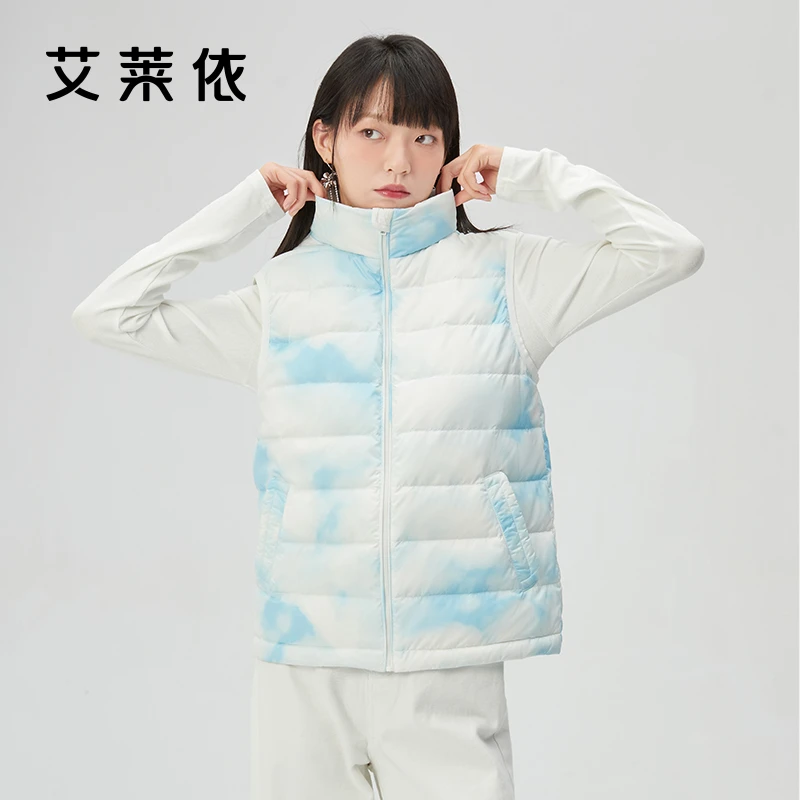 艾莱依印花薄款羽绒服女款新款立领轻盈保暖时尚短款轻薄马甲8003