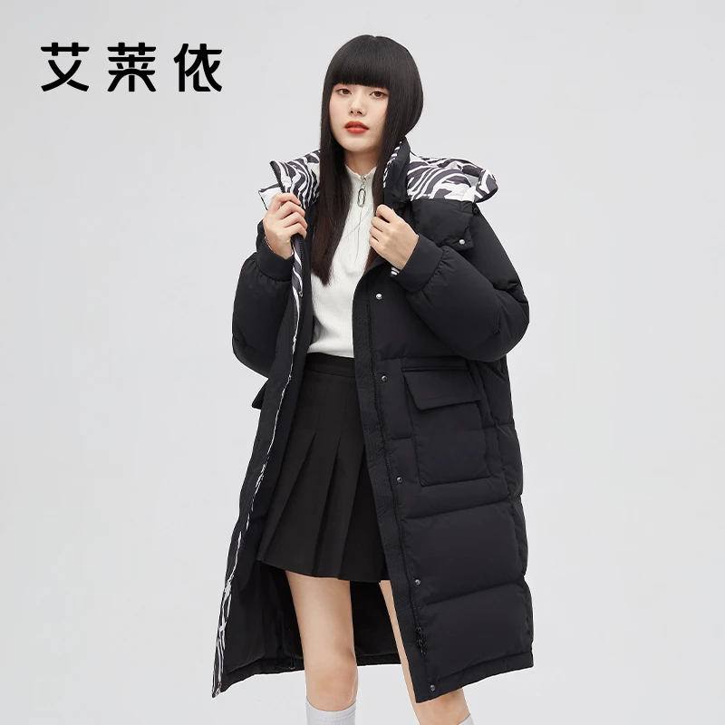 艾莱依-冬季户外时尚休闲保暖外套撞色女士宽松中长款羽绒服1098