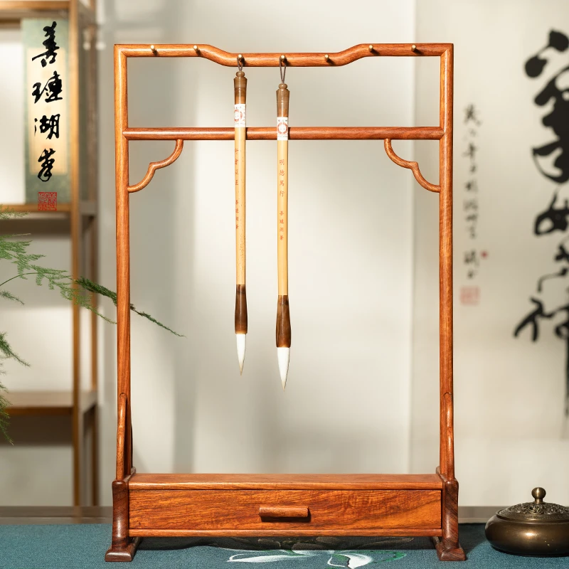 【实用笔架】仿古花梨木笔挂 收纳抽屉文房创意复古挂笔工艺木质