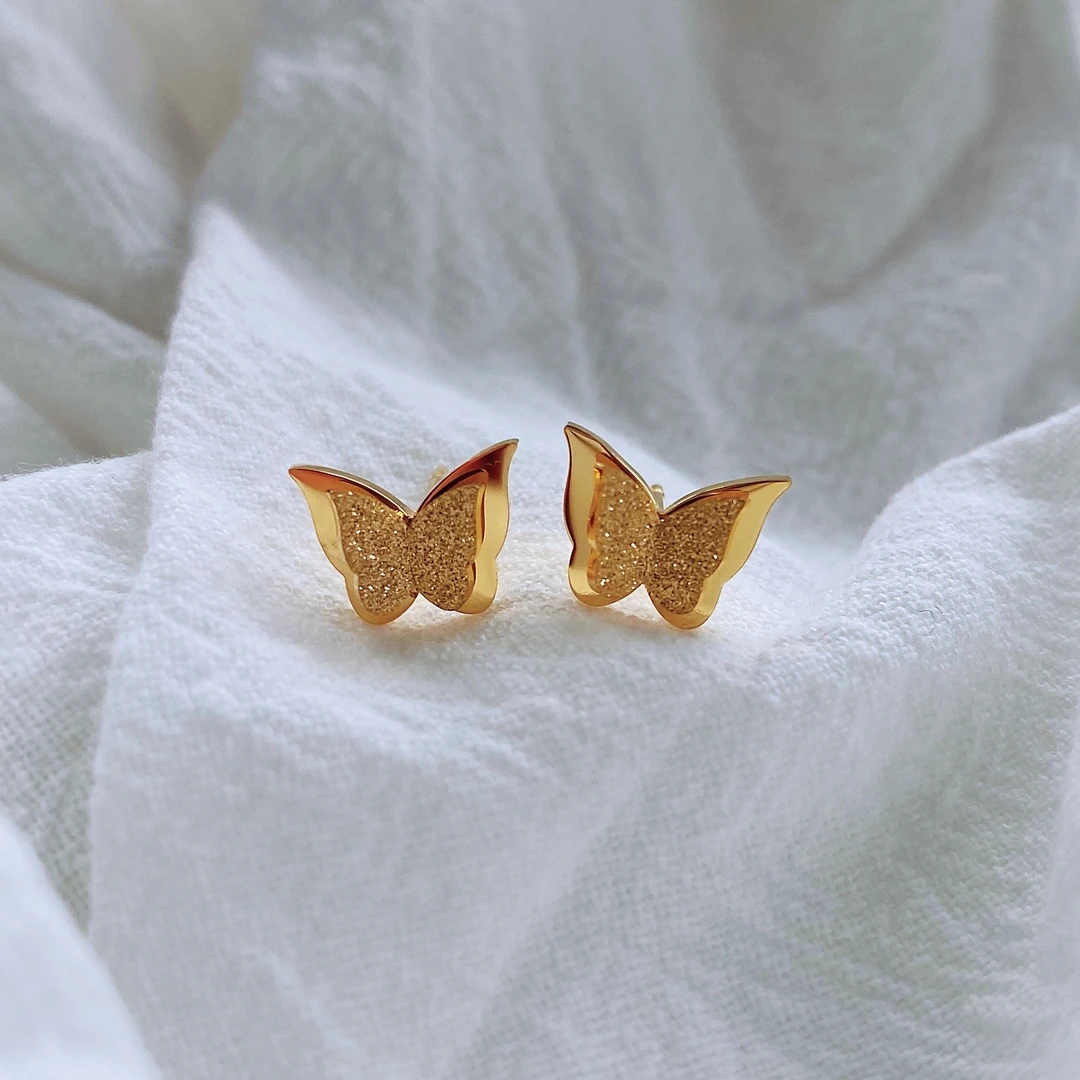 钛钢耳饰 韩国时尚新款小众气质磨砂蝴蝶耳钉女个性甜美钛钢耳饰