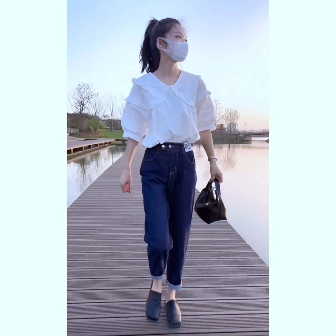 衬衫女短袖娃娃领荷叶边衬衫女+松紧腰哈伦裤显瘦牛仔裤两件套