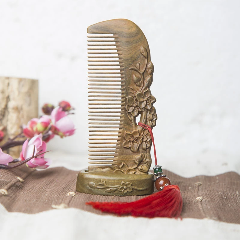 周广胜QQ天然绿檀/阿根廷绿檀精雕木梳—嫣然桃花