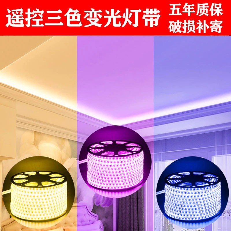 灯带led客厅吊顶七彩变色灯条三色变光双排灯带户外220V防水
