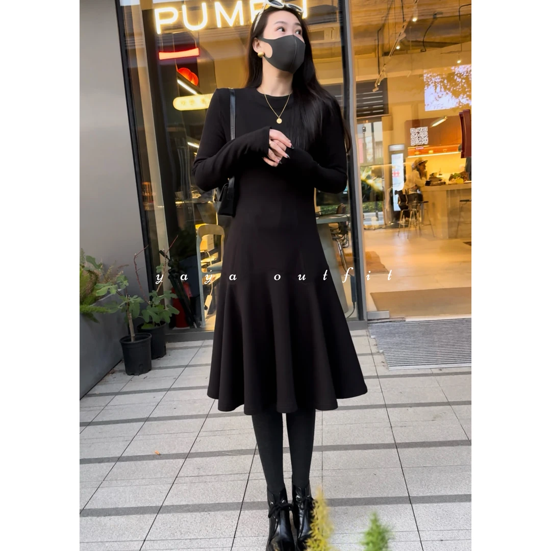 【ZENG缯】WINTER DRESS冬裙系列女士秋冬加绒拼片修身连衣裙38