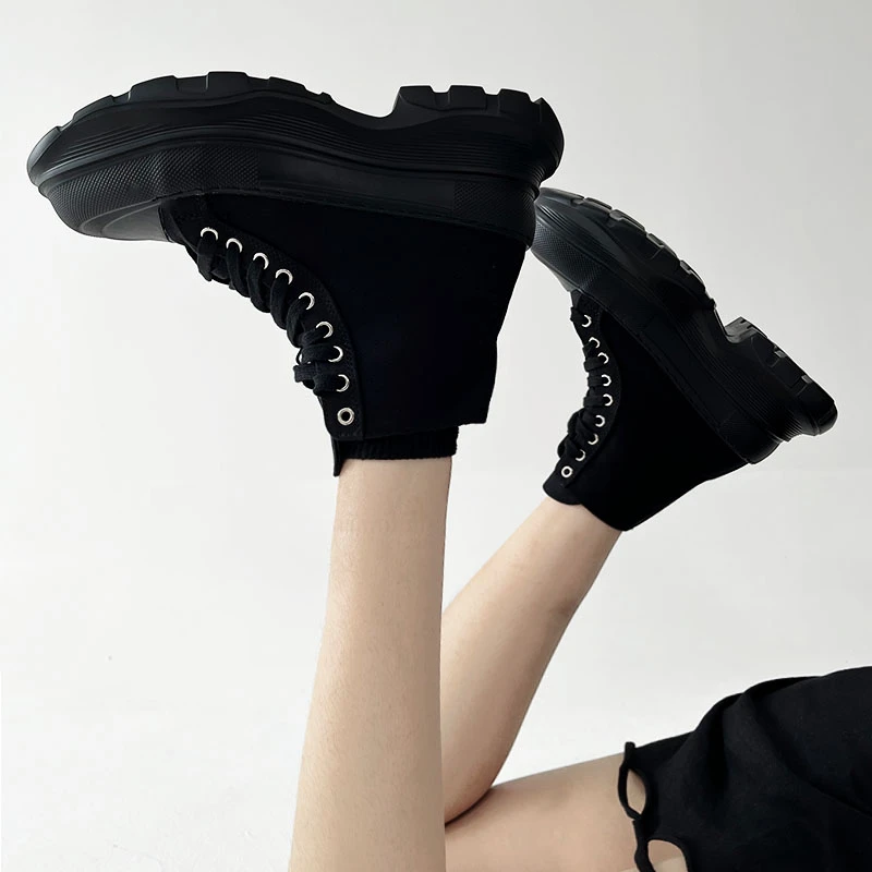 网红ins麦昆帆布鞋女厚底情侣高帮鞋英伦风黑色马丁靴松糕老爹鞋