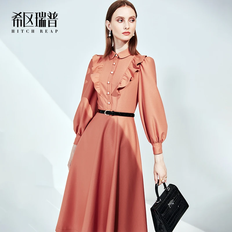 希区高端赫本风时尚连衣裙裙子女装秋冬新款法式娃娃领复古F1457