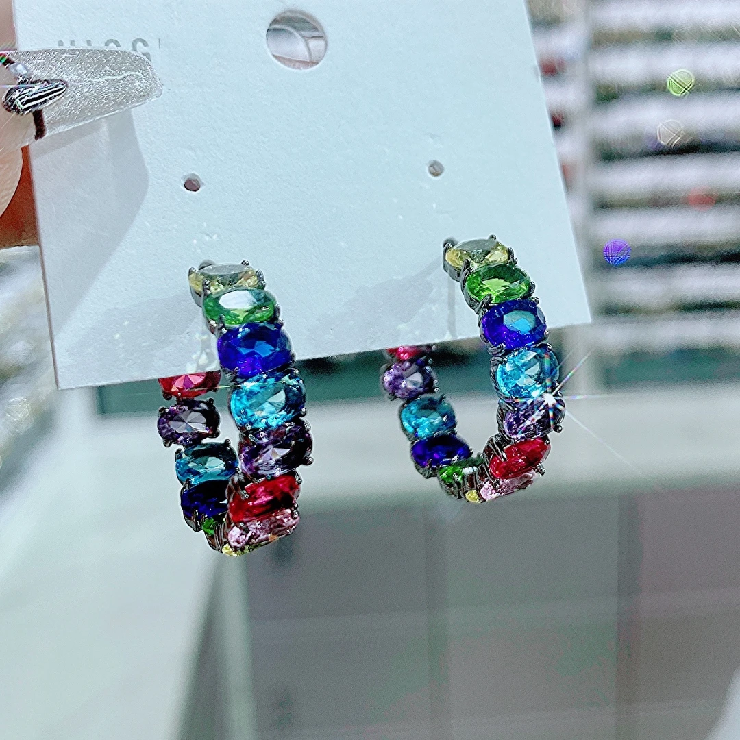 铜合金玻璃耳饰 216-治愈彩色系精致个性百搭满锆微镶轻奢耳环