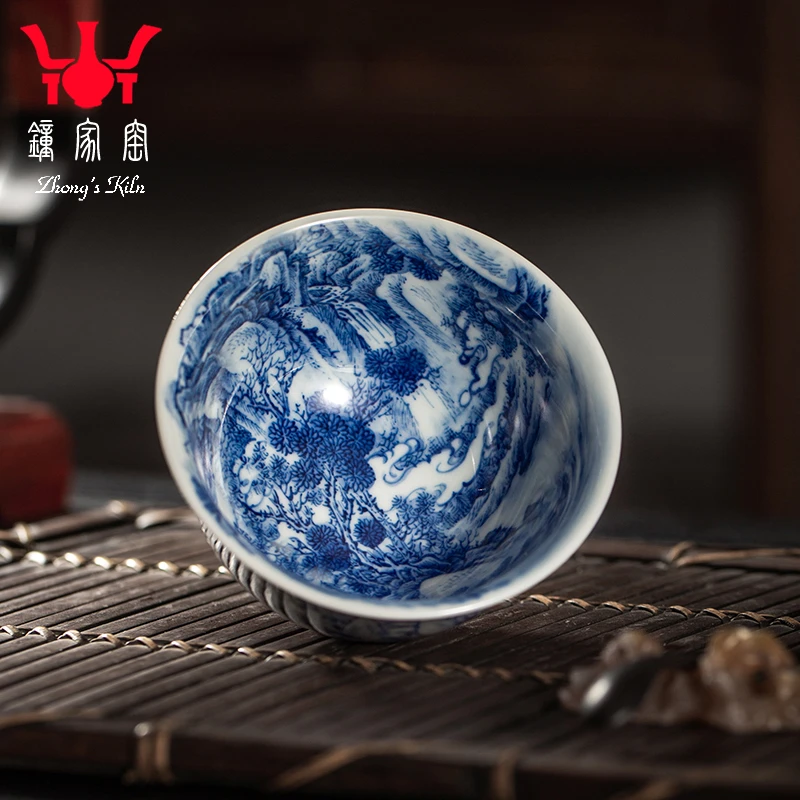 钟家窑陶瓷主人杯景德镇全手工手绘重工内外细工山水品茗茶杯单杯